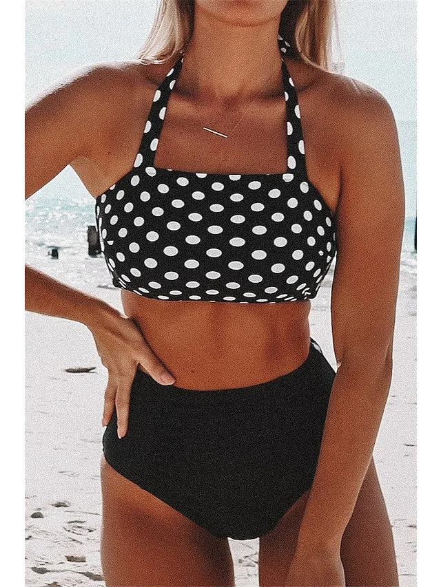 Women's Swimwear Bikini 2 Piece Plus Size Swimsuit Open Back Printing High Waisted Polka Dot Black Blue Wine Halter V Wire Bathing Suits Sexy Vacation Fashion / Modern / New / Padded Bras | IFYHOME