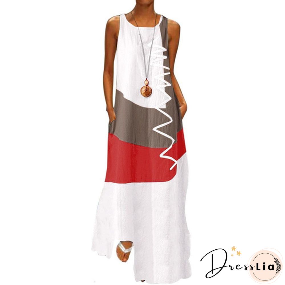 Vintage Color Stitching Maxi Dress Women's Summer Sundress Casual Sleeveless Tank Female O Neck RobeCIU8