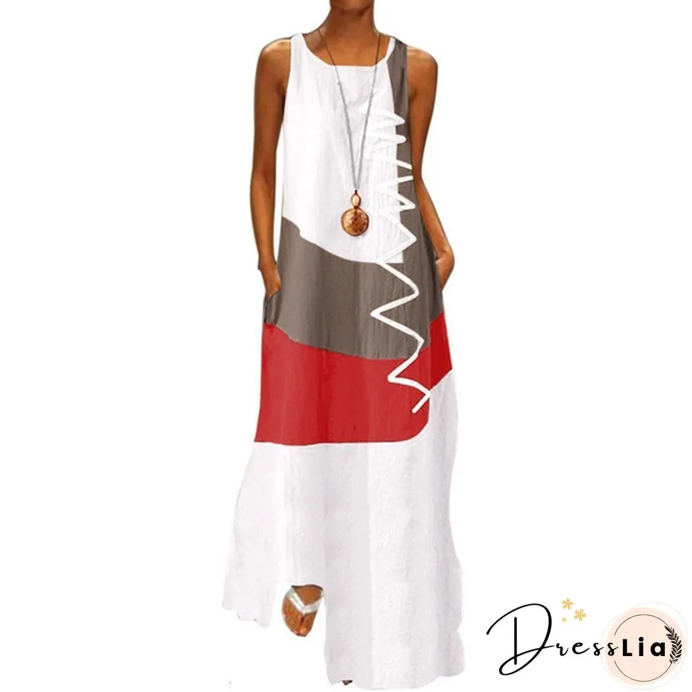 Vintage Color Stitching Maxi Dress Women's Summer Sundress Casual Sleeveless Tank Female O Neck RobeCIU8