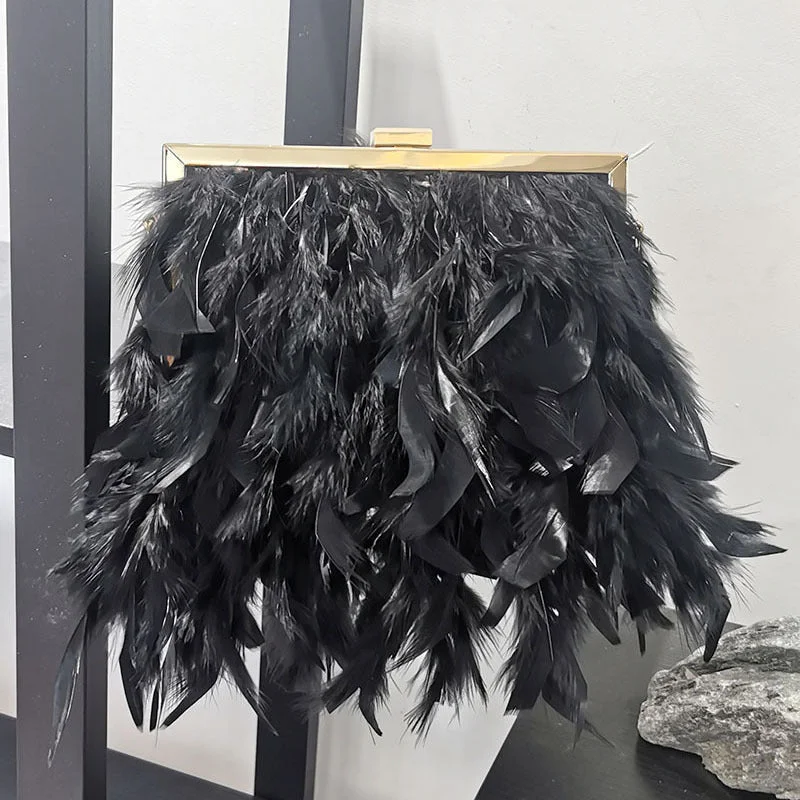 Women's Handbags Fluffy Feather Tassel Buckle Party Purse Clutch Bag