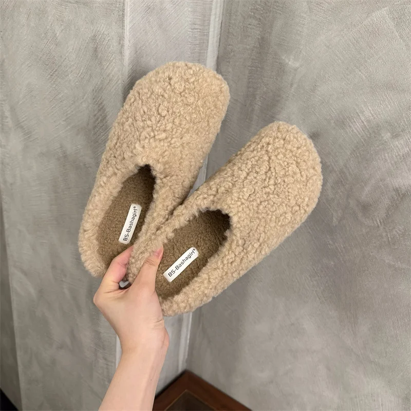 Yyvonne Retro Lamb Hair Plus Plush Fur Slippers Women's Bag Head Dragging Fairy Wind Lazy Cotton Slippers