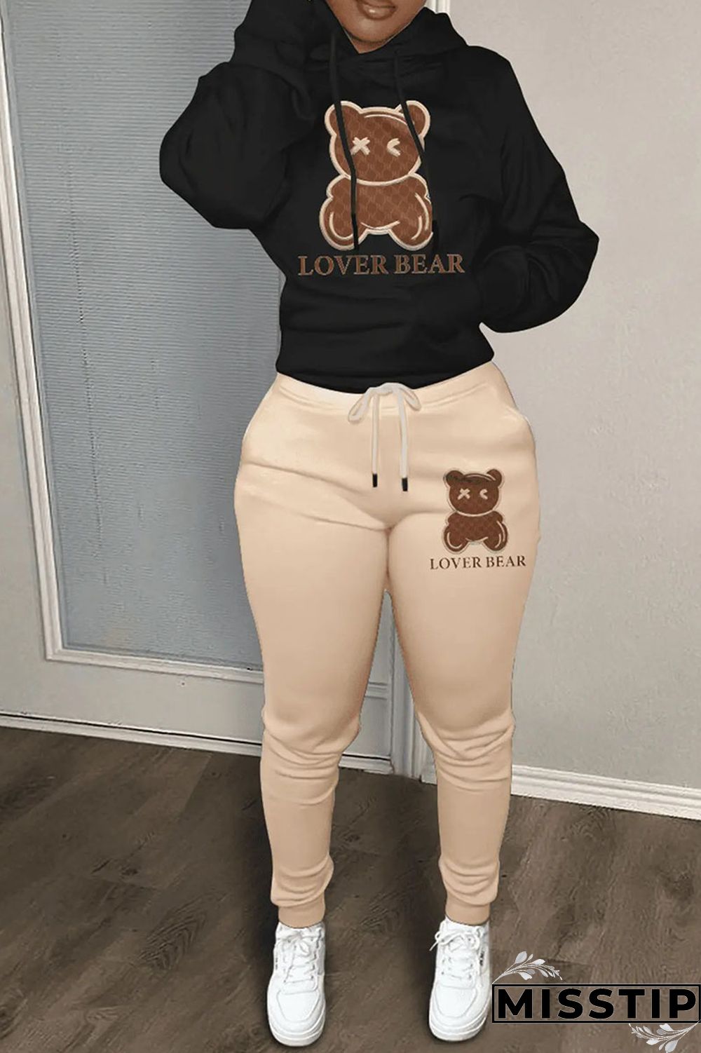 Black And White Casual Print Patchwork Hooded Collar Long Sleeve Two Pieces