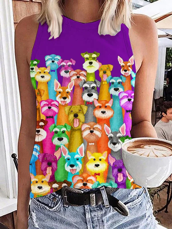 Comstylish Lovely Colorful Dogs Round Neck Tank Top
