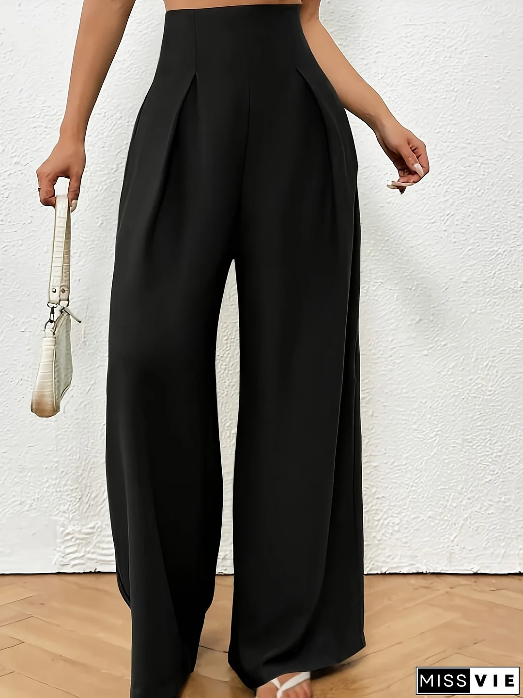 Plus Size Solid Pleated Wide Leg Pants, Casual High Waist Pants, Women's Plus Size Clothing