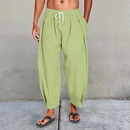 Men's Cotton Linen Drawstring Cropped Casual Harem Pants-inspireuse