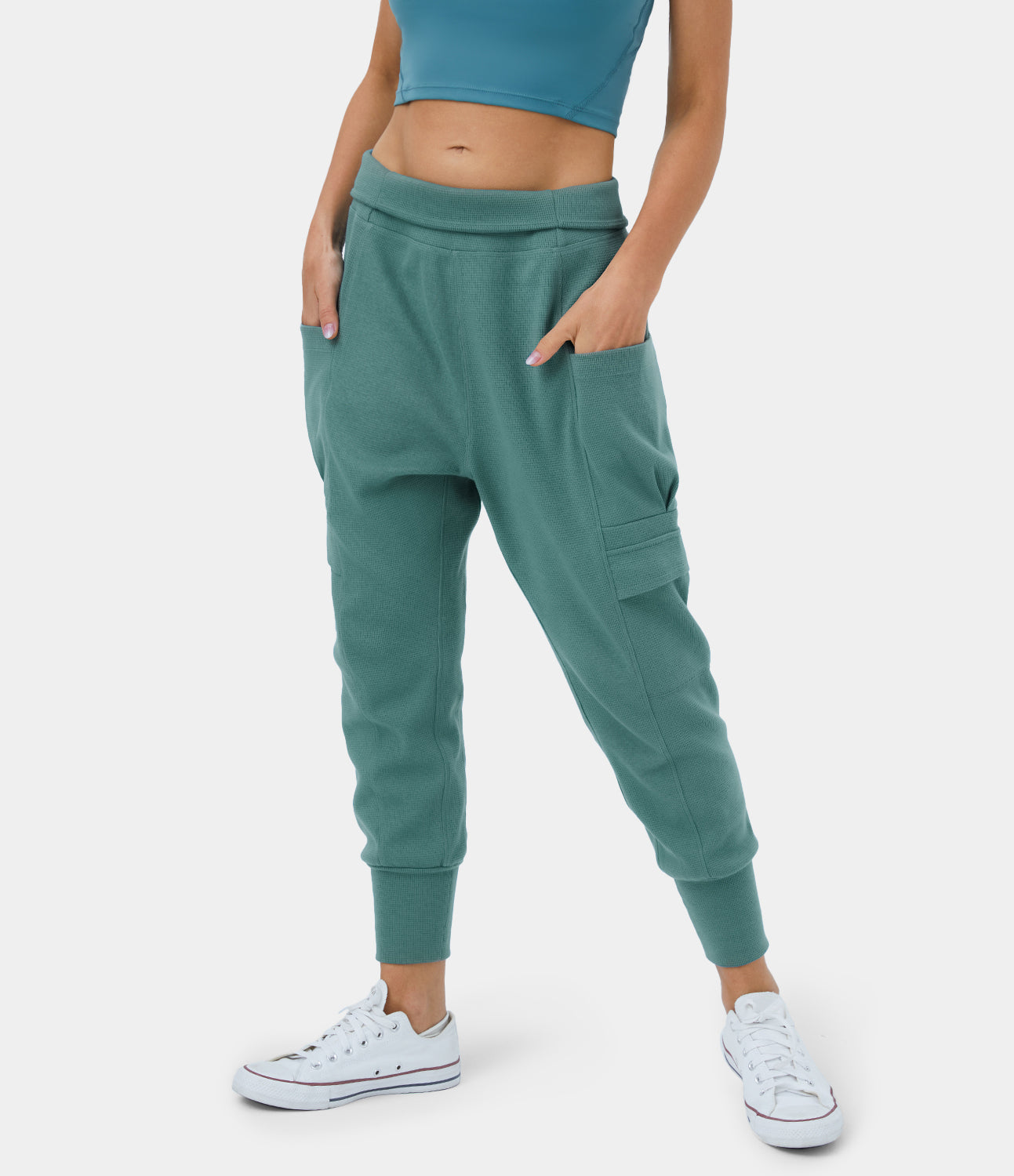 High Waisted Foldover Side Pocket Waffle Harem Dance Cargo Joggers