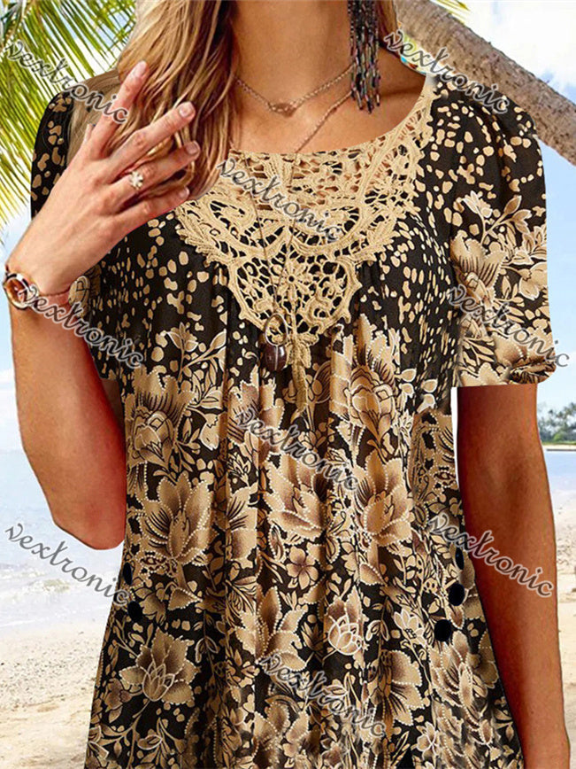 Women's Gold Scoop Neck Short Sleeve Printed Top