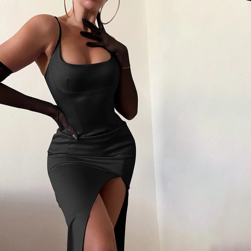 Sonicelife Summer Bodycon Satin red Birthday Party Dresses  Spaghetti Strap Midi Dress Elegant With Slit Dresses For Women