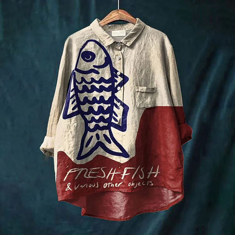 Women's Pnesh Fish & Various Other Objects Art Print Casual Lapel Blouse