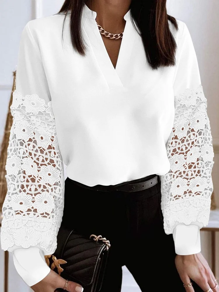 Daily V Neck Patchwork Long Sleeve Blouse