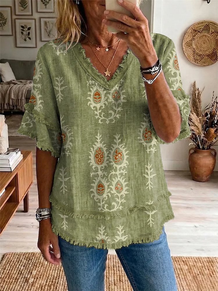 Ethnicity Totem Pattern Women's Art Casual Patchwork V Collar Shirt