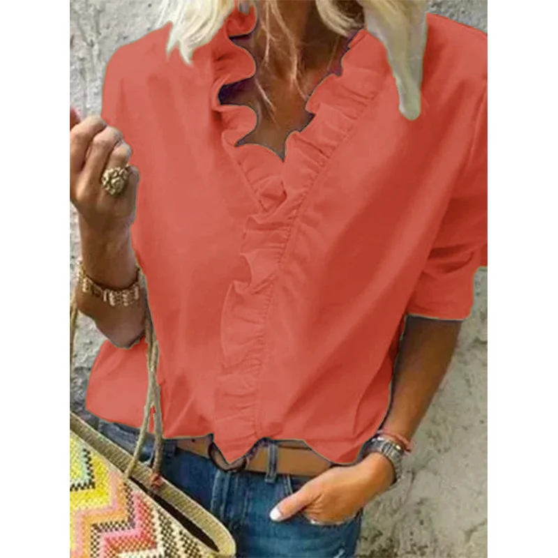 Ruffled Solid Color Long Sleeve Blouse