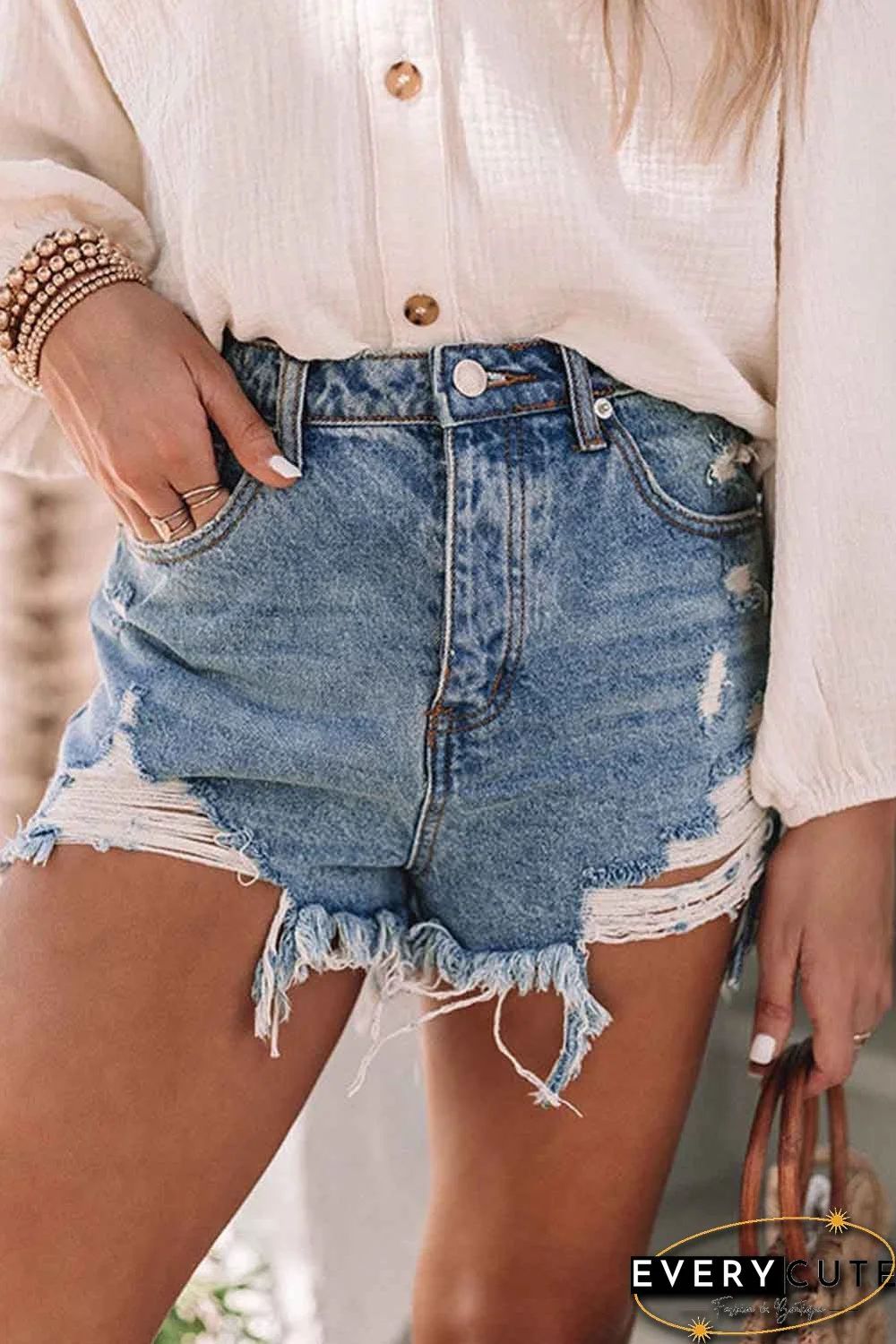 Sky Blue Distressed Raw Edge Jean Shorts