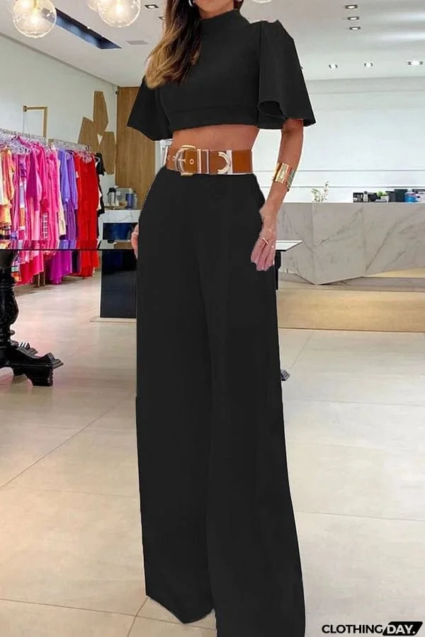 Natti Bell Sleeve Crop Top and Pocketed Wide Leg Pants Set