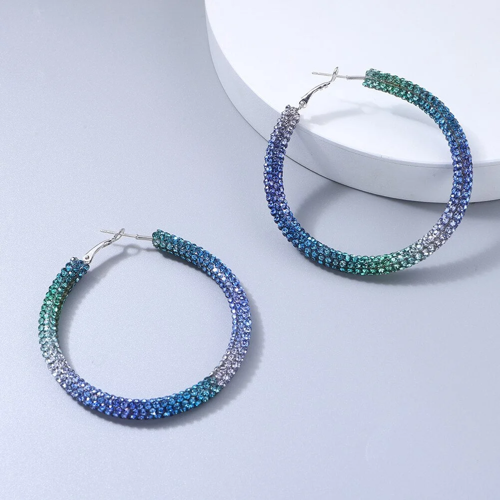 Dvacaman Trendy Gradient Crystal Hoop Earrings Bling Big Round Statement Earrings for Women Party Personalized Jewelry Wholesale