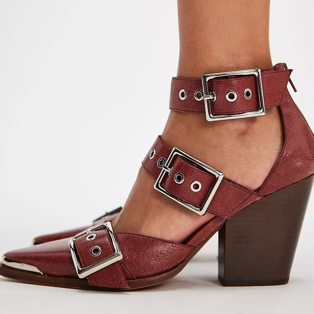 Maroon Chunky Heel Buckle Strap Pumps Shoes with Metallic Accent Decor Nicepairs