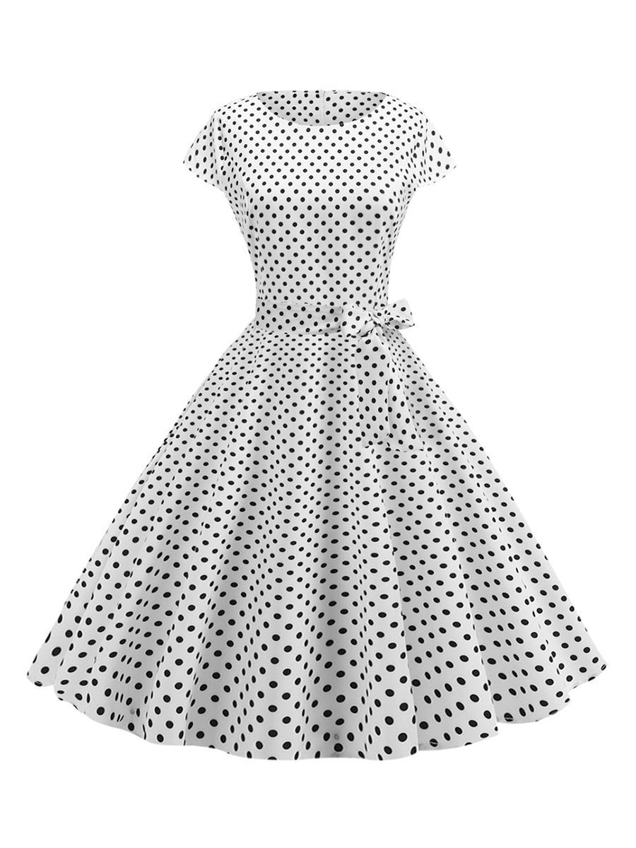 1950s O Neck Sleeves Waist Print Slim Dress