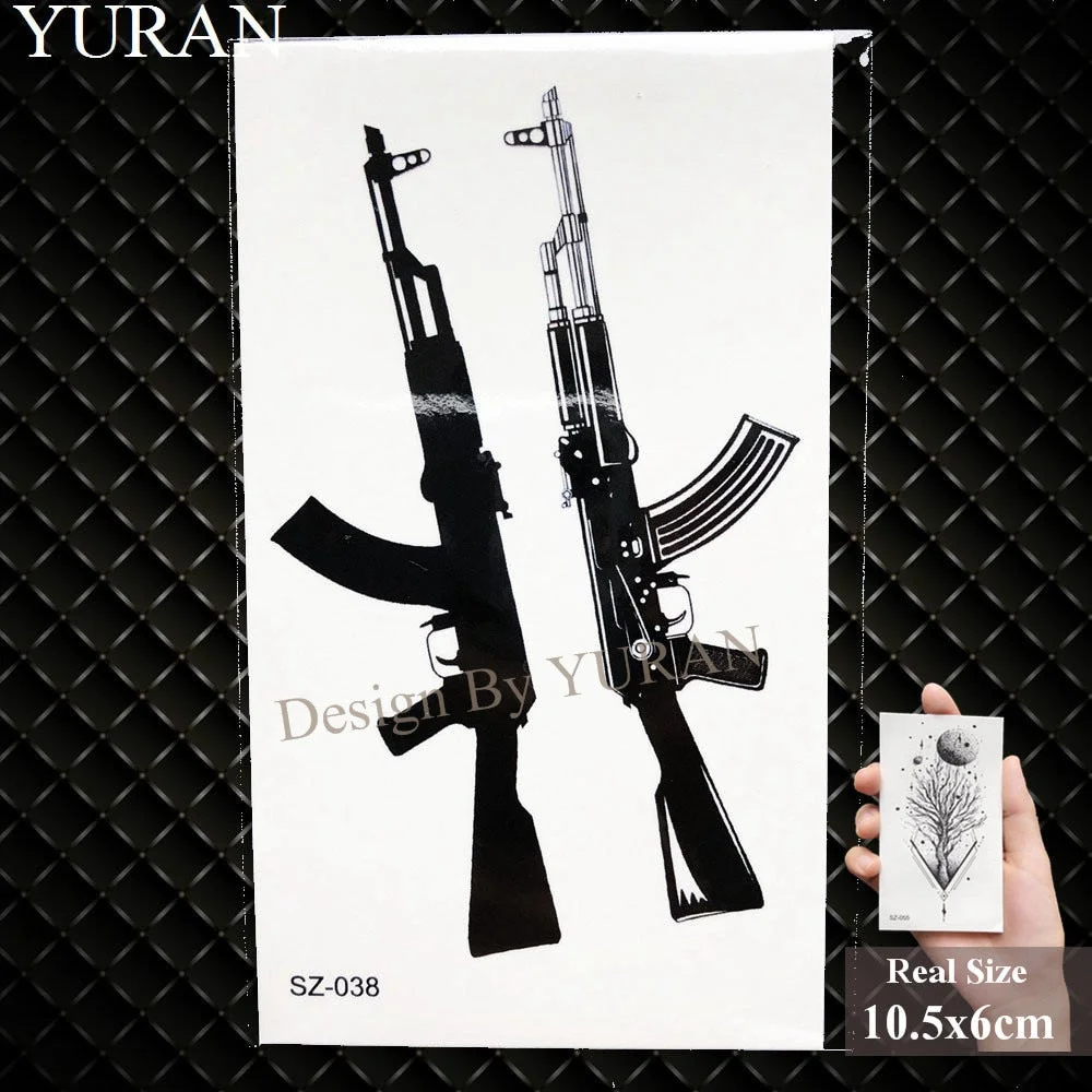 YURAN Black Rifle Gun Temporary Tattoo Stickers Women Sniper Waterproof Tatoo AK AKM M4 Soldier Men Wrist Fake Tattoo Wolf Totem