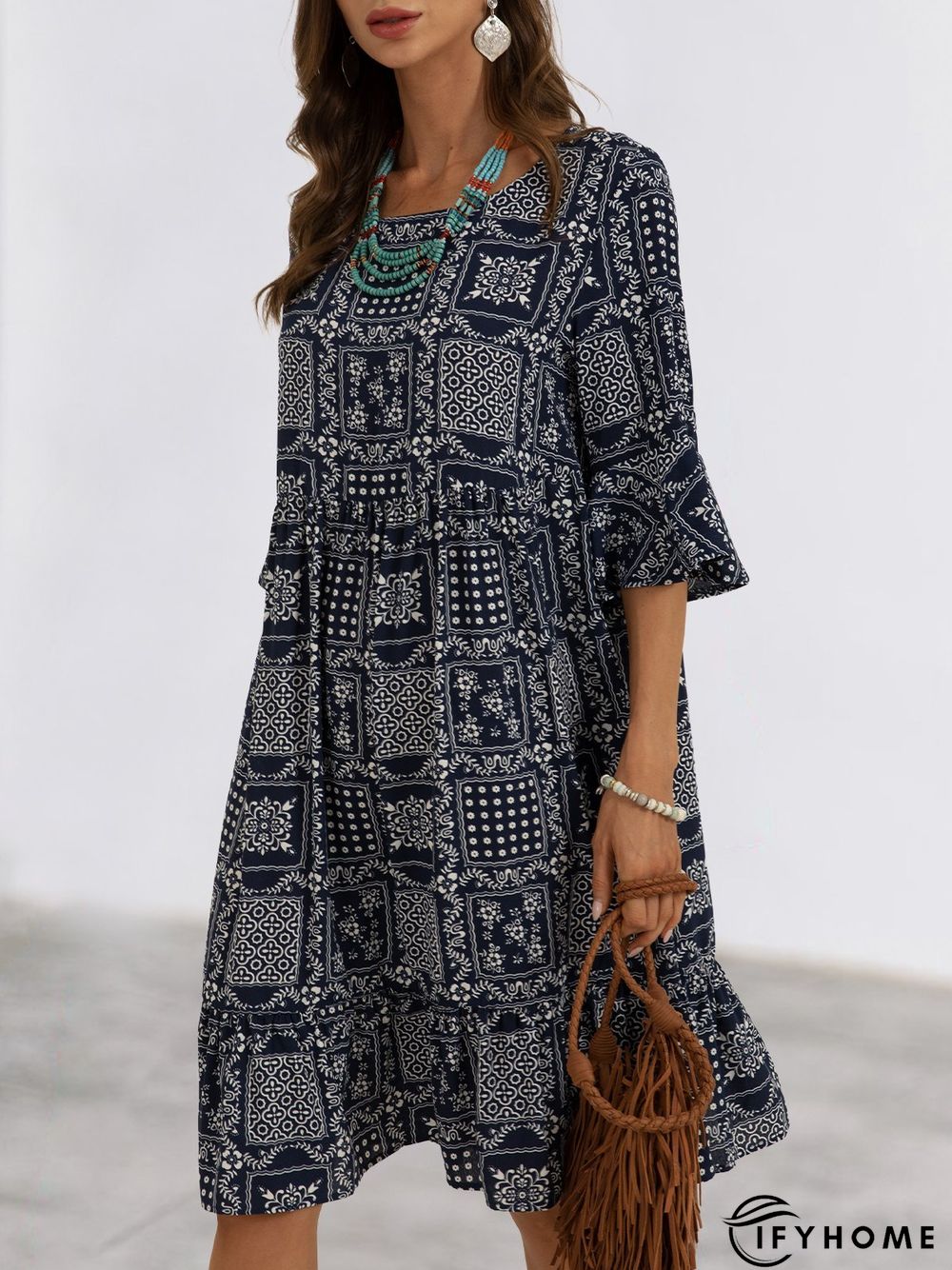 Purplish Blue Printed Shift Half Sleeve Holiday Mini Dress | IFYHOME