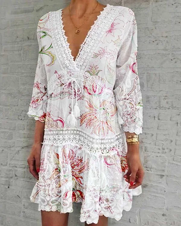 deep v neck 3 4 sleeve drawstring waist lace floral dress p598030