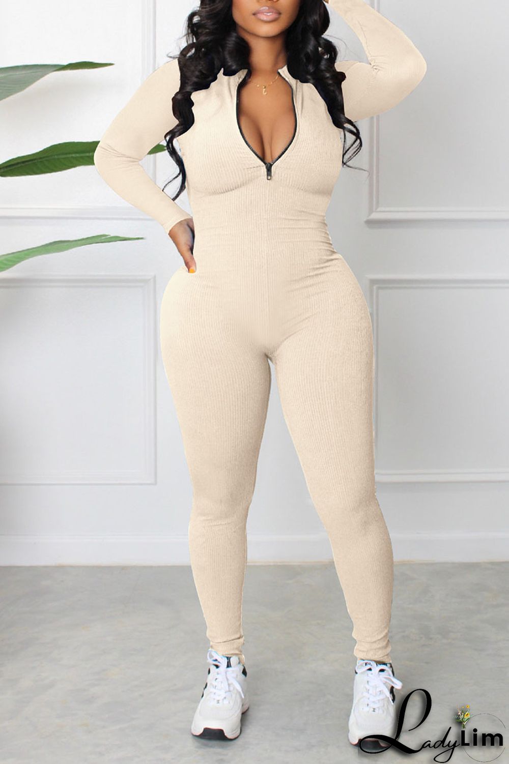 Blue Casual Sportswear Solid Patchwork Zipper Collar Regular Jumpsuits