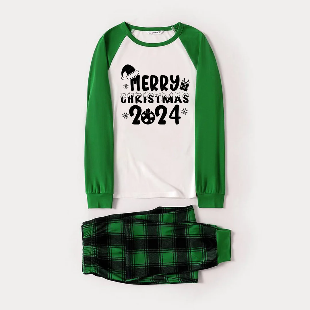 Merry Christmas 2024 Text Print Long Sleeve Top With Green & Black Plaid Christmas Matching Pajamas