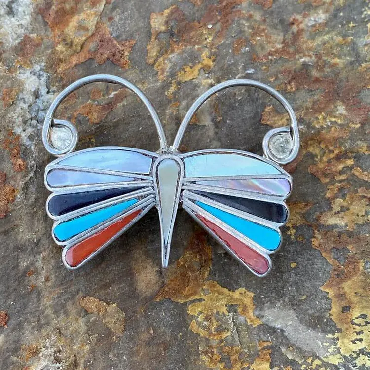 Zuni Sterling Silver Moth Pendant Pin with Inlay Work