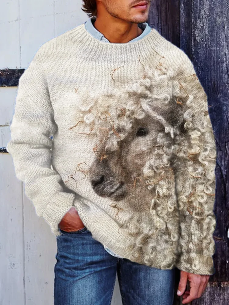 Men's Fuzzy Curly Sheep Felt Art Cozy Knit Sweater