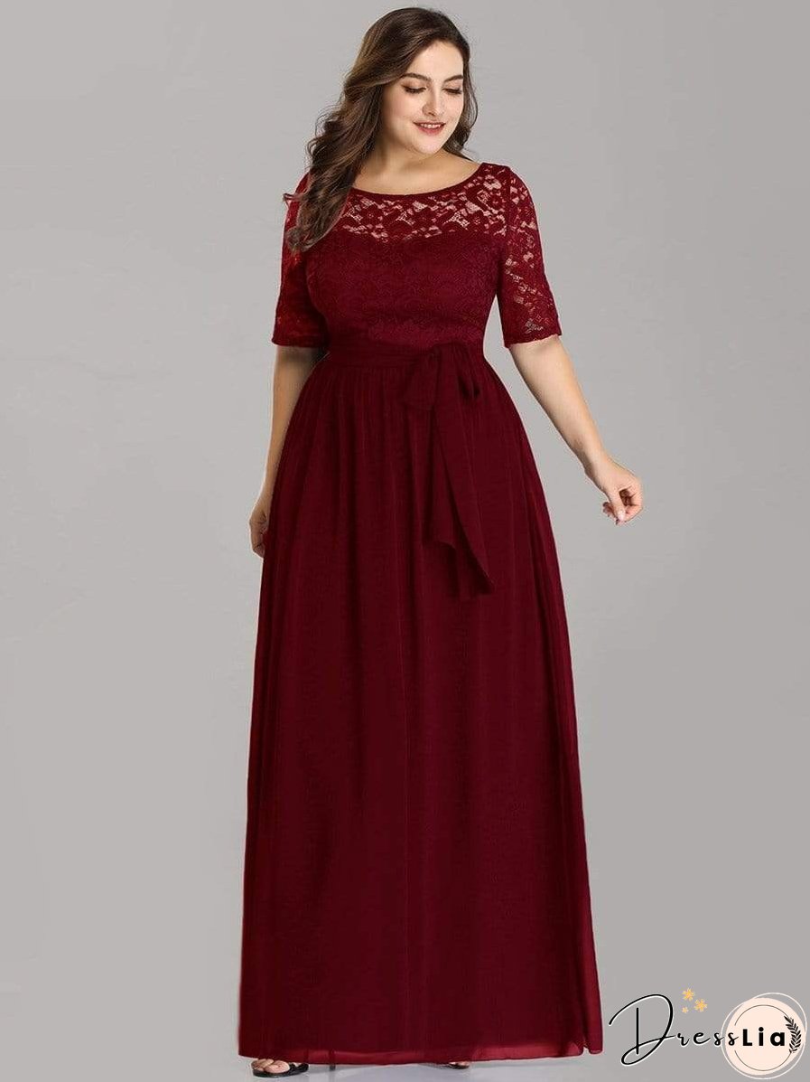 Sophisticated Lace Bodice Chiffon Maxi Evening Gown with Belt for Elegant Occasions
