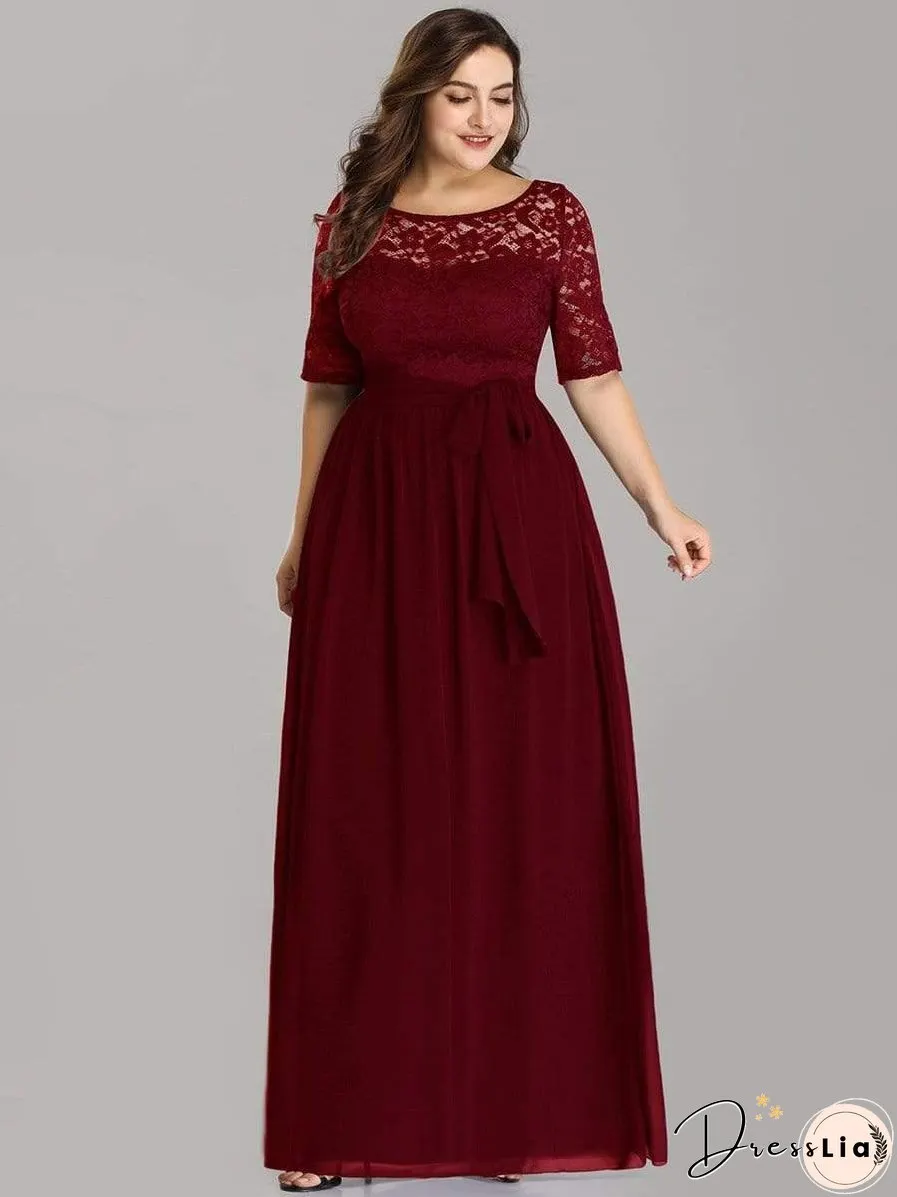 Sophisticated Lace Bodice Chiffon Maxi Evening Gown with Belt for Elegant Occasions