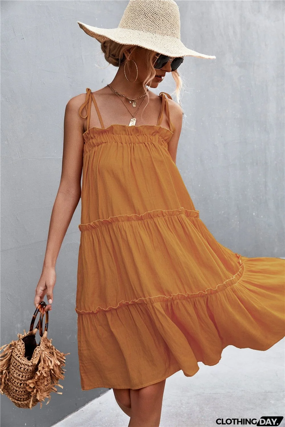 Tie-Shoulder Frill Trim Sleeveless Dress