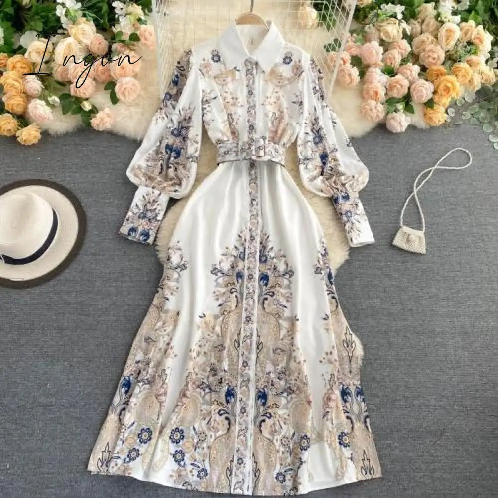 Ingvn - Fitaylor New Spring Autumn Women Vintage Notched Collar Puff Sleeve Long Dress Single