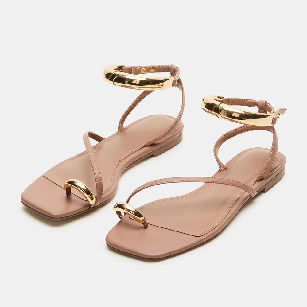 Casual Nude Flat Ankle Strap Toe Ring Sandals with Metal Decor