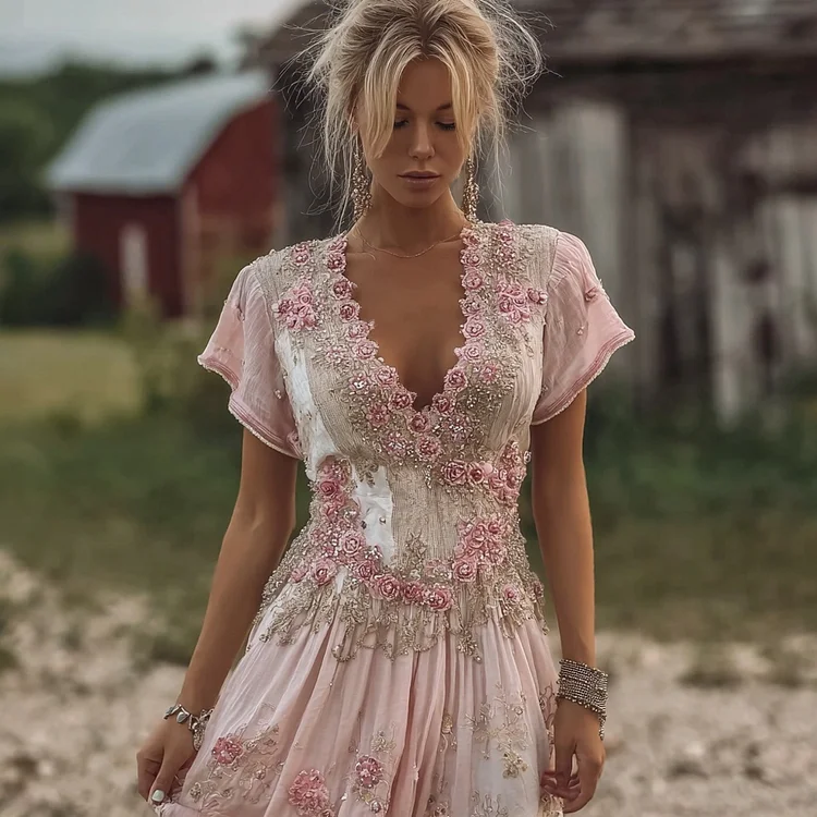 Vintage Pink Boho Roses Embroidered Flowy Linen Maxi Dress