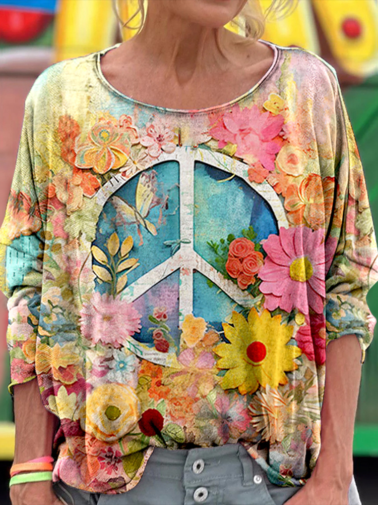 Comstylish Abstract Creative Hippie Vibe Peace And Love Hippie Floral Painting Art T-shirt