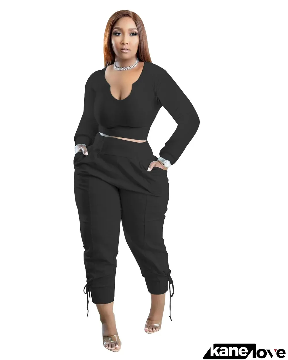 Women Solid Color Long Sleeve Top+Pant Two Piece Set