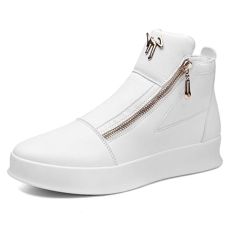 Qengg Luxury Designer Men Casual Shoes White Sneakers Hip Hop Streetwear Men High Top Sneakers Zipper Design Platform Men Footwear