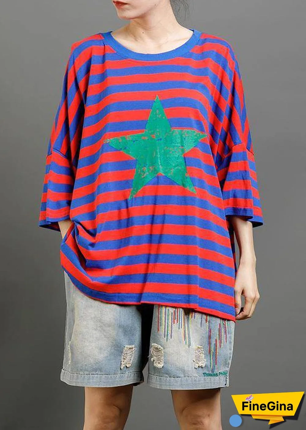 Women cotton clothes For Women Pakistani Red And Blue Stripes Casual Loose Blouse