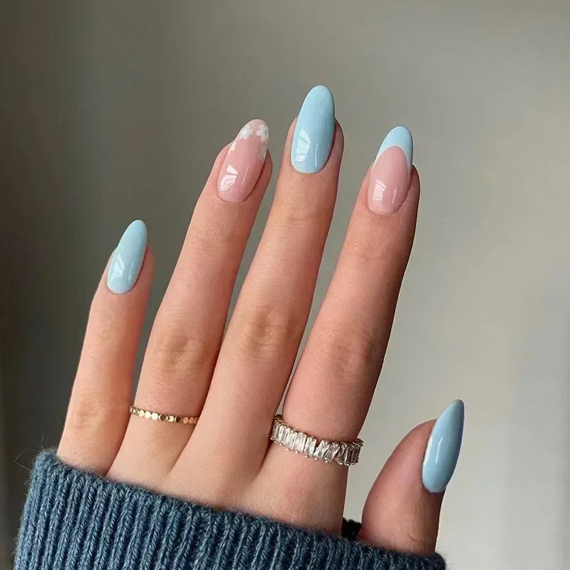 Lidudu French Press on Fake Nails with Flowers Designs Summer Blue Short Almond False Nails Wearable French Full Cover Press on Nails