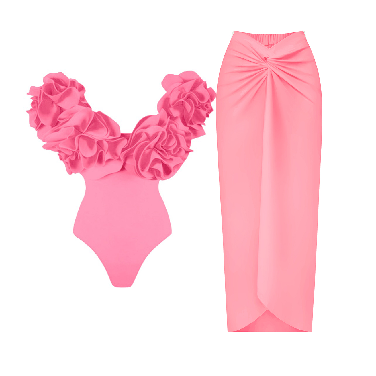 Ballifyex 2025 2Pc High Quality Luxury Woman Swimsuit Flower Ruffle Solid Bathingsuit Push Up Swimwear Off Shoulder Summer Suits Beachwear