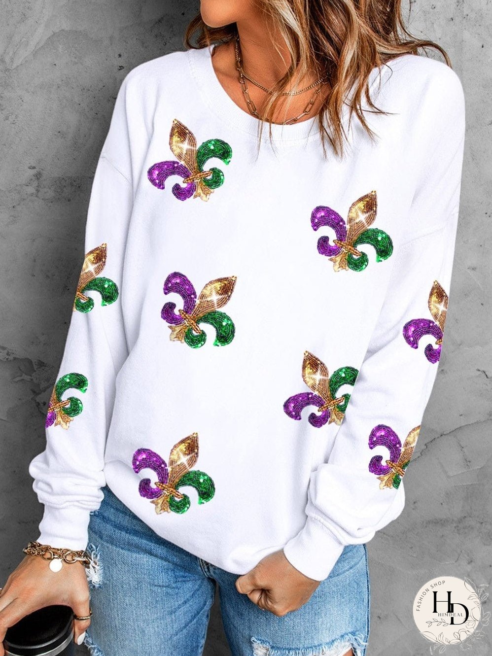 White Carnival Sparkle Graphic Crew Neck Sweatshirt