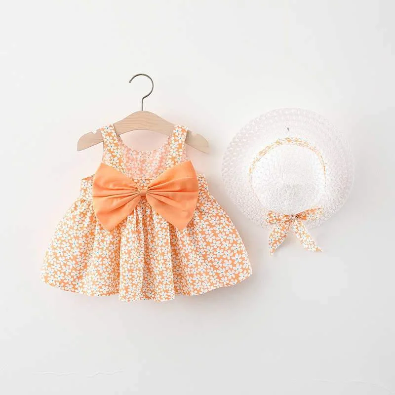 1 to 4 Years 2021 New Fashion Baby Girl Sleeveless Dresses Princess clothing Cute 2pcs set Party Cotton Flower Children Bow Hat