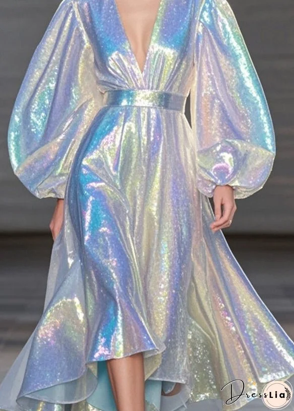 Silvery Silm Fit Holiday Dress Exra Large Hem Puff Sleeve