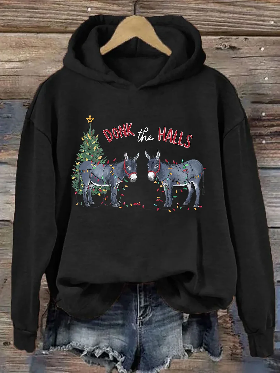 Funny Christmas Donkeys Tangled In Christmas Lights Hoodie