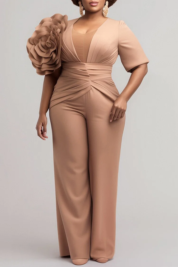 Xpluswear Design Plus Size Formal Khaki Round Neck Half Sleeve 3D Elegant Jumpsuits [Pre-Order]