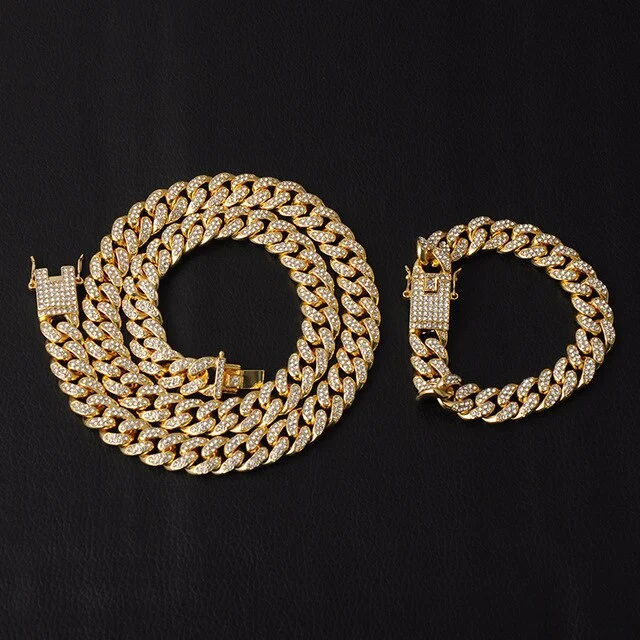 Buzzdaisy Iced Out Paved Rhinestones 1Set Gold Color Full Miami Cuban Chain
