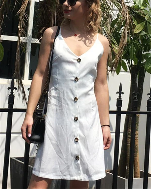 Solid Button V Neck Sexy Mini Dress