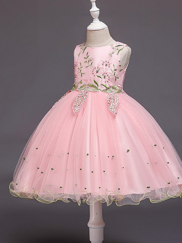 Bellasprom Sleeveless Jewel Neck Ball Gown Knee Length Flower Girl Dress Tulle  With Bow  Beading  Appliques Bellasprom