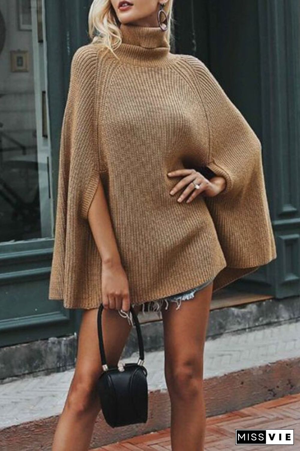 Fashion Turtleneck Solid Color Cape Sweater