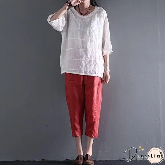 Orange pockets linen summer crop pants plus size
